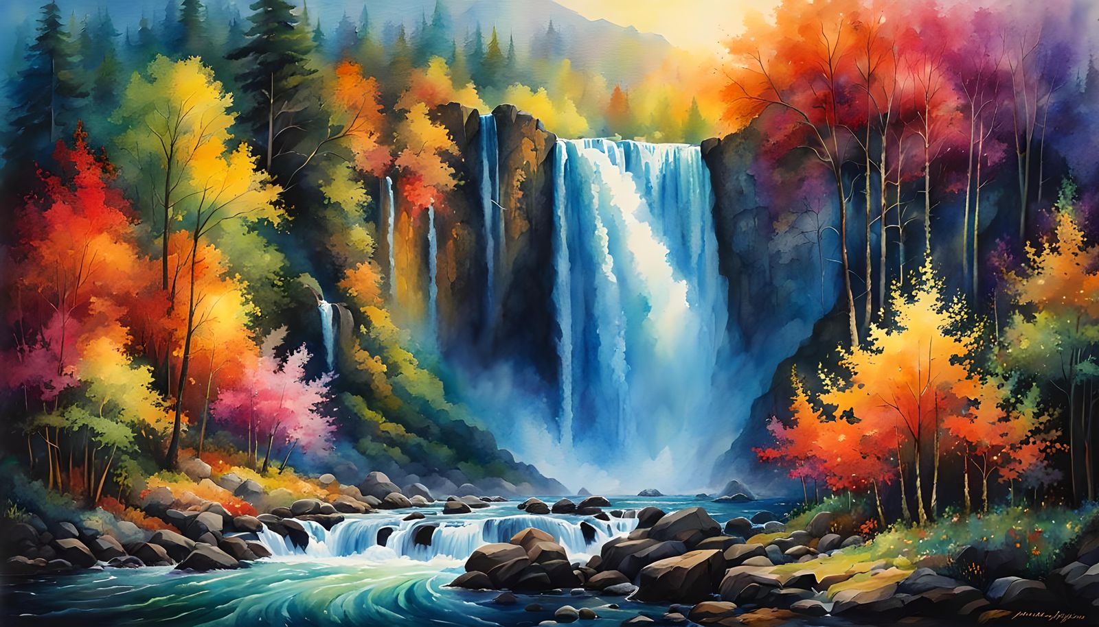 Iridescent Watercolor Waterfall in Mysterious Landscape