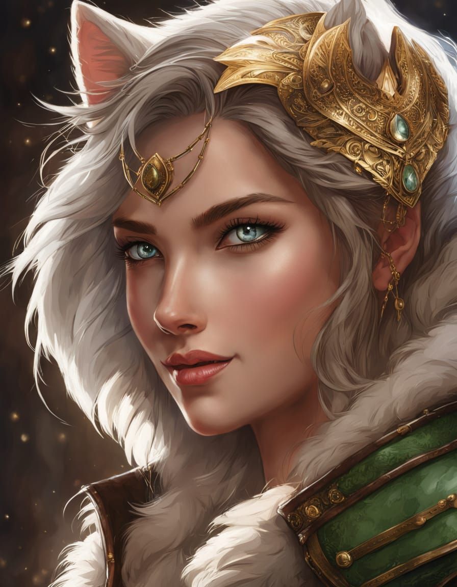 Feline Fantasy Warrior in Emerald Green Armor