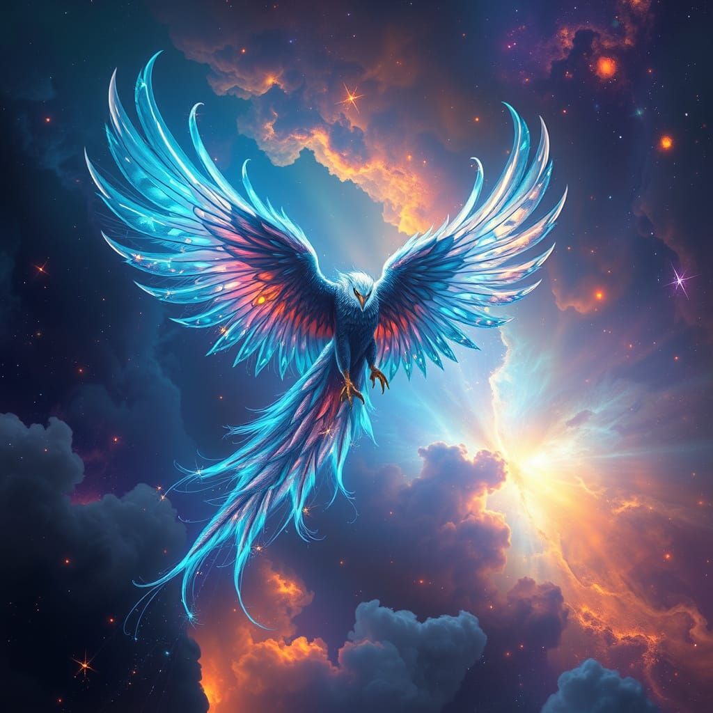 Bioluminescent Phoenix Soaring Through Nebula: Digital Matte...