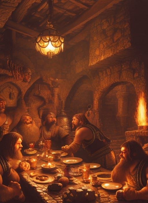 Dwarven Warriors Feast in Firelight