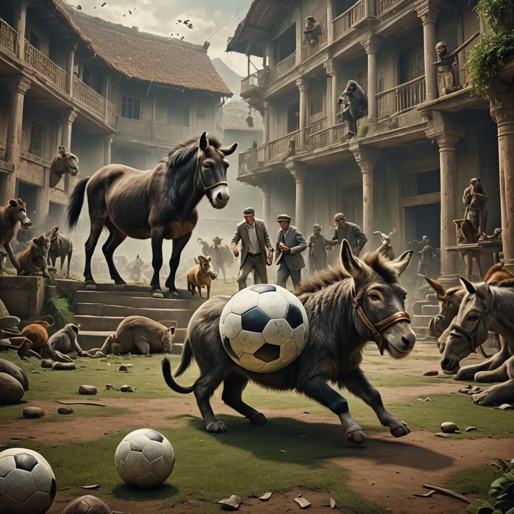 Monkey and Donkey Play Soccer in the Past