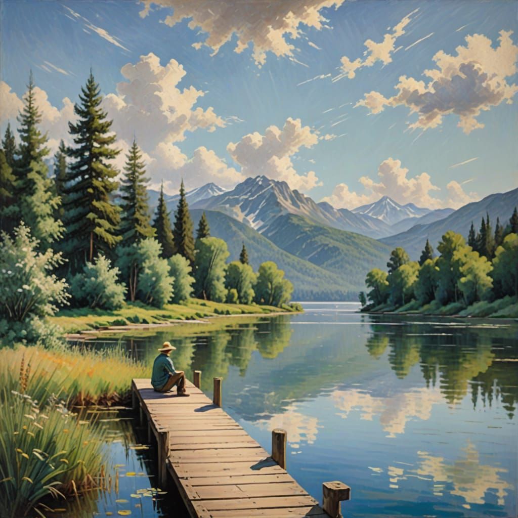 Impressionist Oil Painting of Serene Lake and Mountains