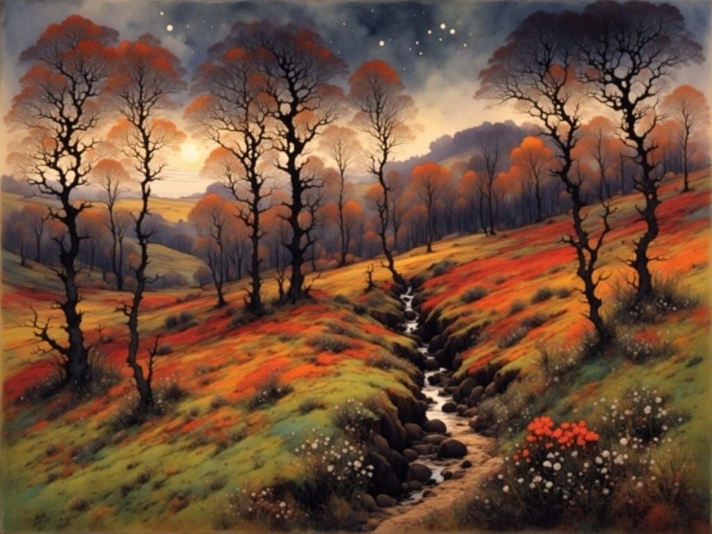 Moorland Pines and Birches Before Approaching Storm