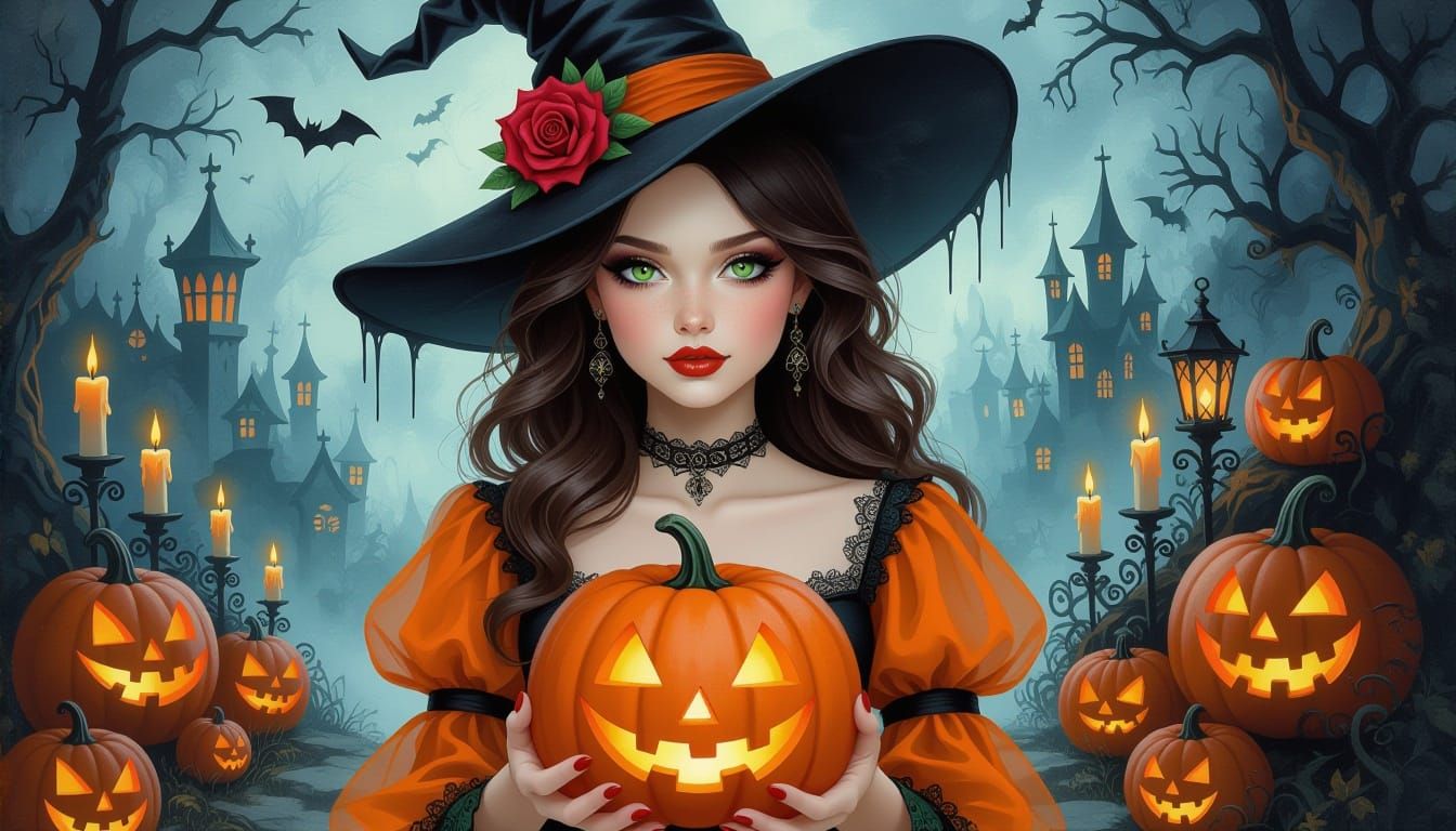 Elegant Gothic Witch Portrait in Expressive Acrylic and Oil