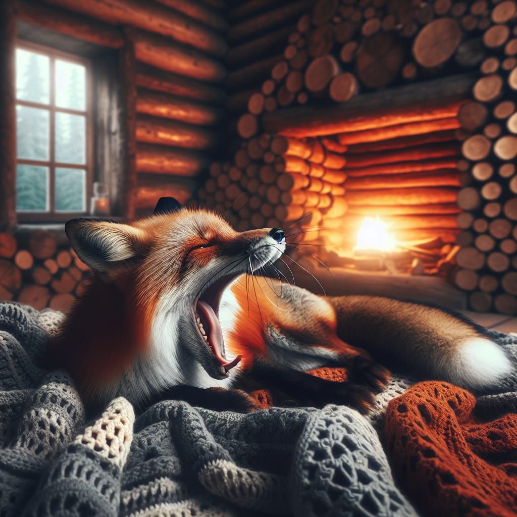 Red Fox Yawning in Cozy Log Cabin