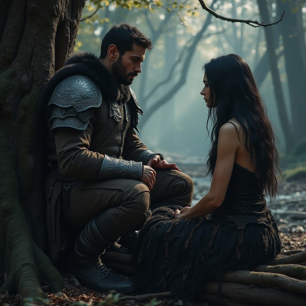 Mysterious Warrior Leans Against Ancient Tree in Shadowy For...