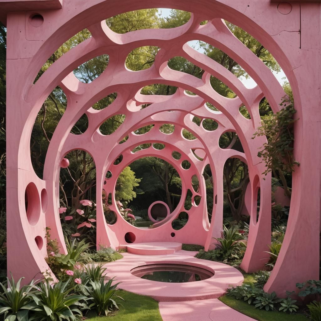 Psychedelic Pink Temple with Circular Window, Biomorphic Arc...
