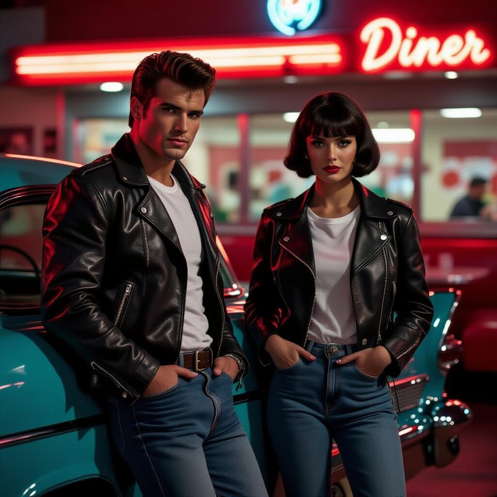 Greaser Couple at 50s Diner in Film Noir Style