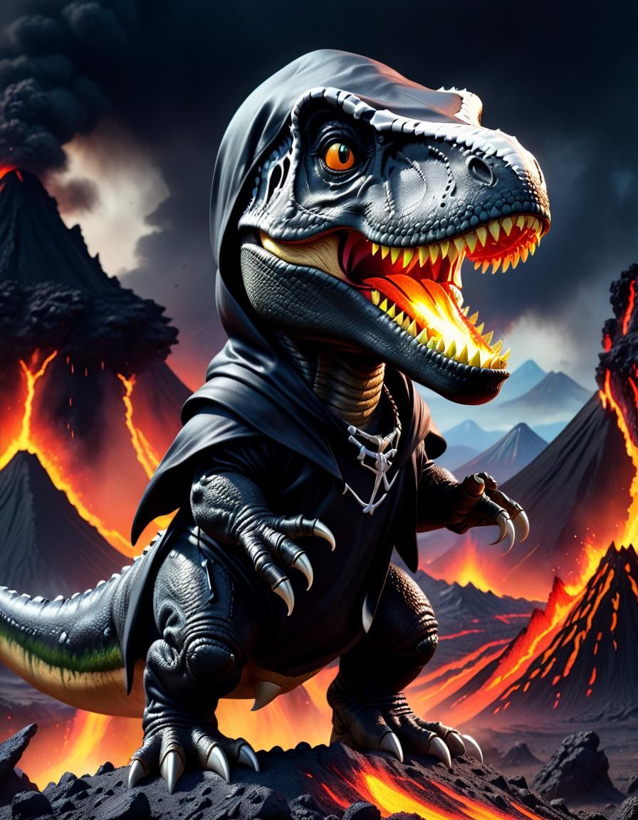 Baby T-Rex Grim Reaper in Volcanic Landscape