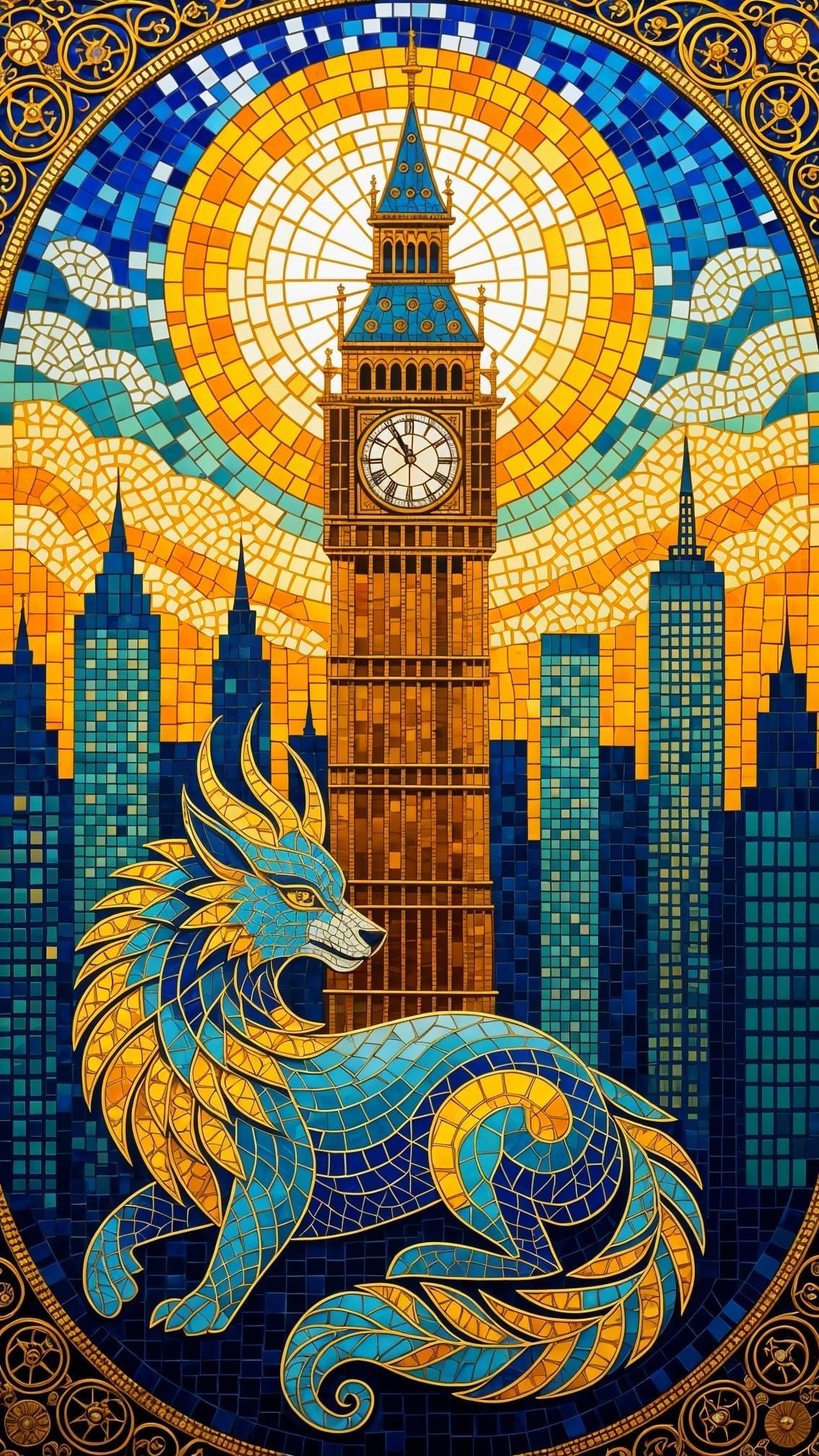 Intricate Beadwork Mosaic: Clocktower, Skyline & Mythical Be...
