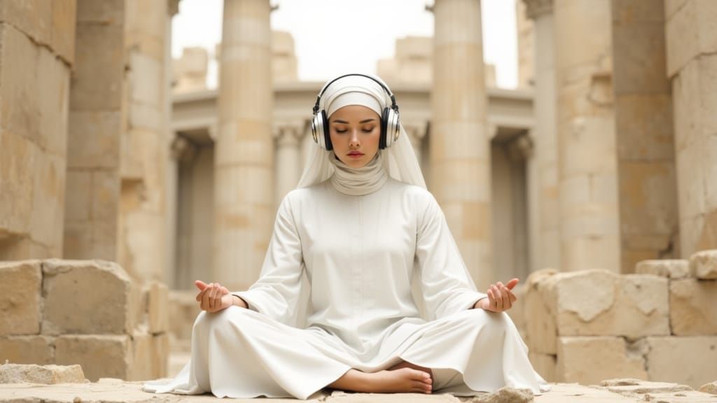 Nun Meditates with Headphones, Ancient Roman Temple