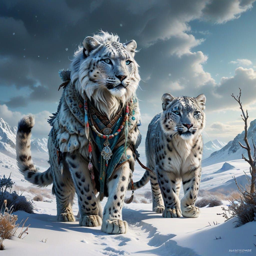 Ethereal Druid and Snow Leopard Traverse Frosty Landscape