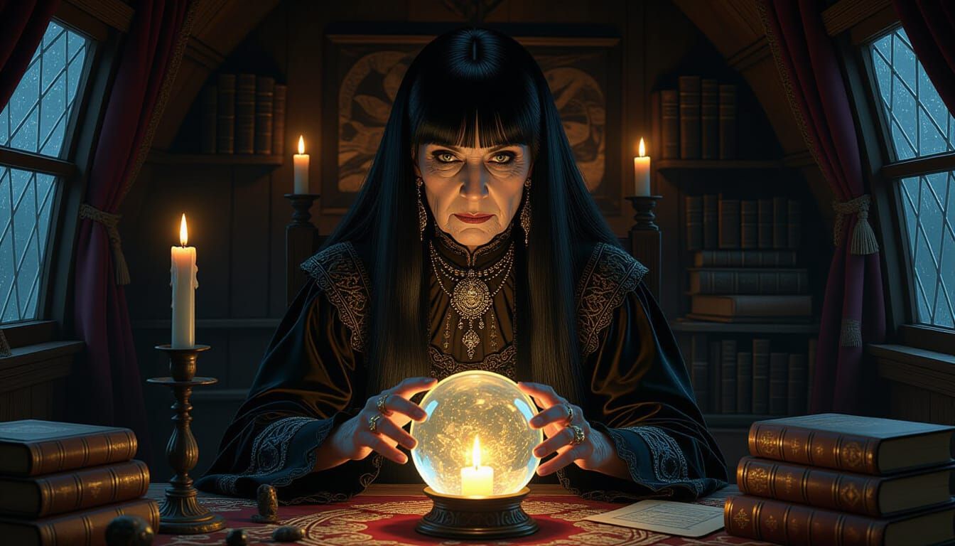 Gothic Fortune Teller Gazing into Crystal Ball