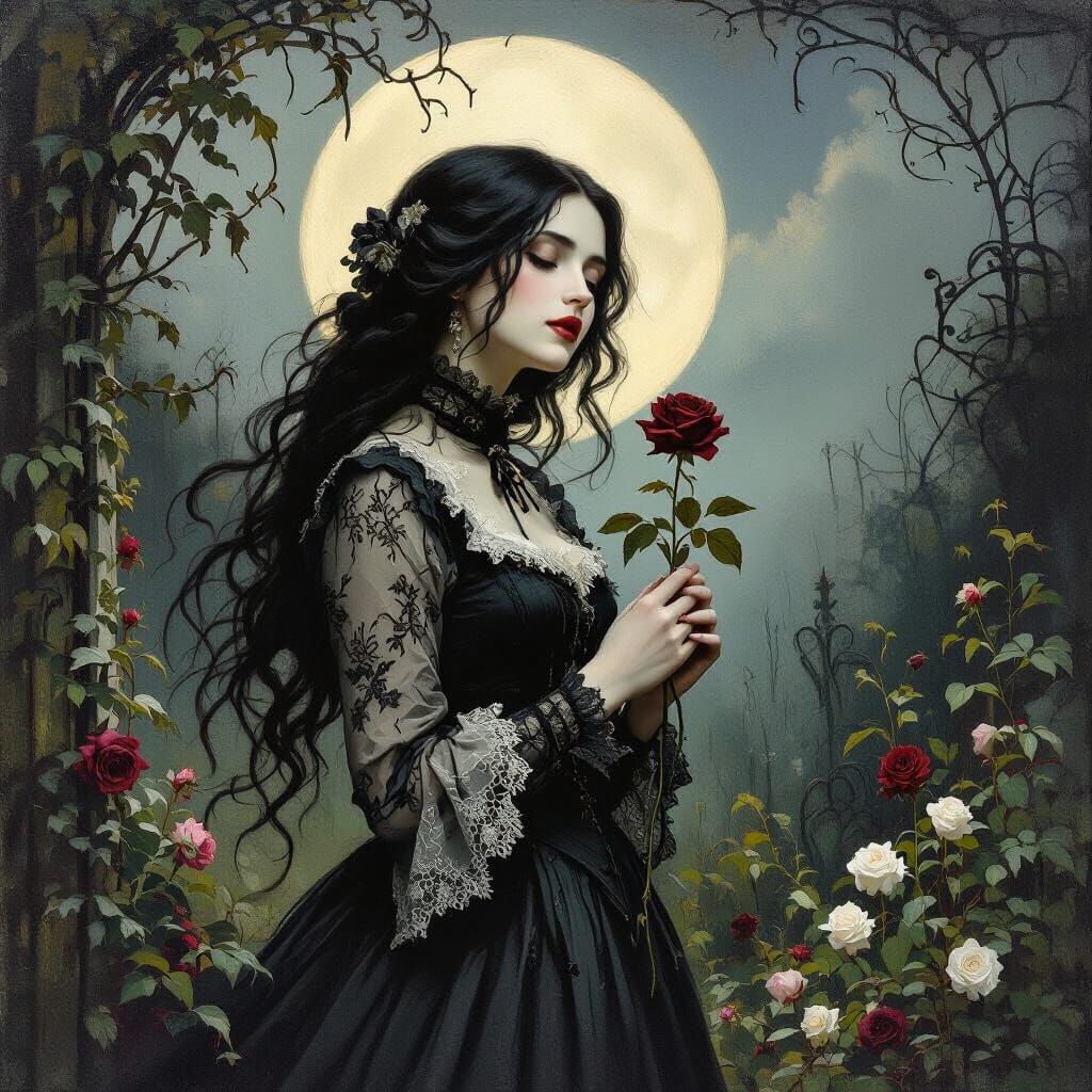 Ethereal Victorian Woman in Moonlit Garden