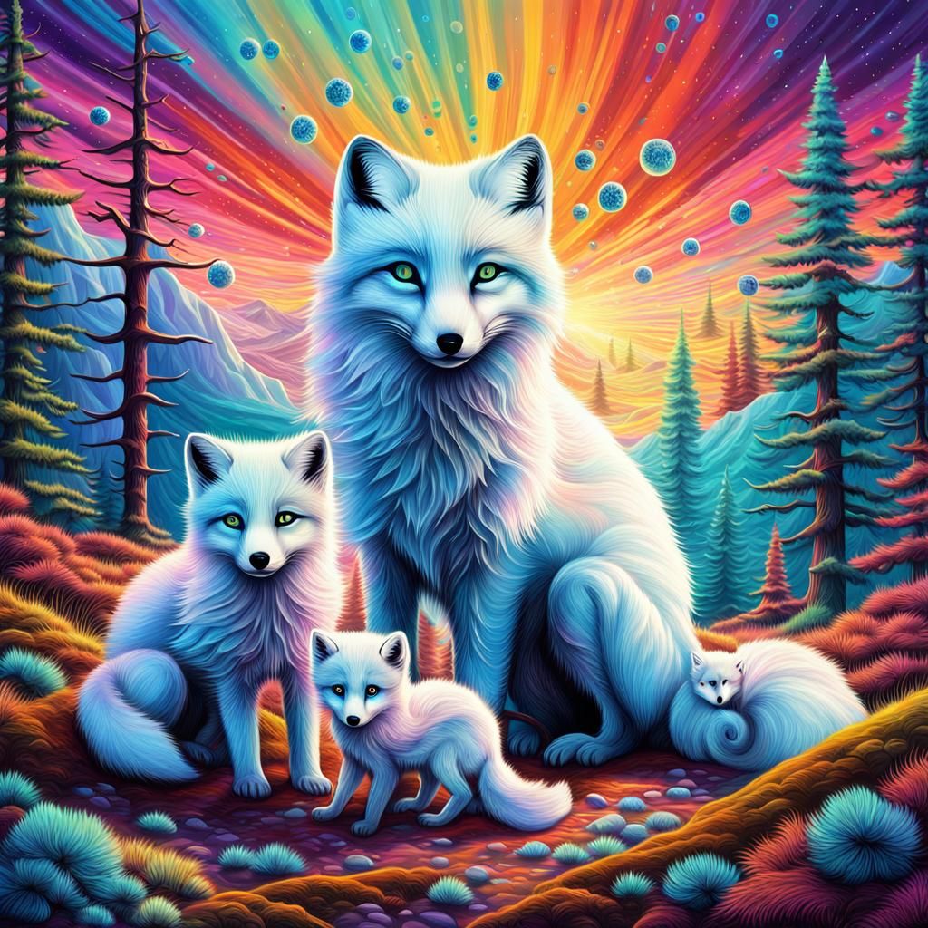 Arctic Foxes Stare at Vortex in Colorful Sky