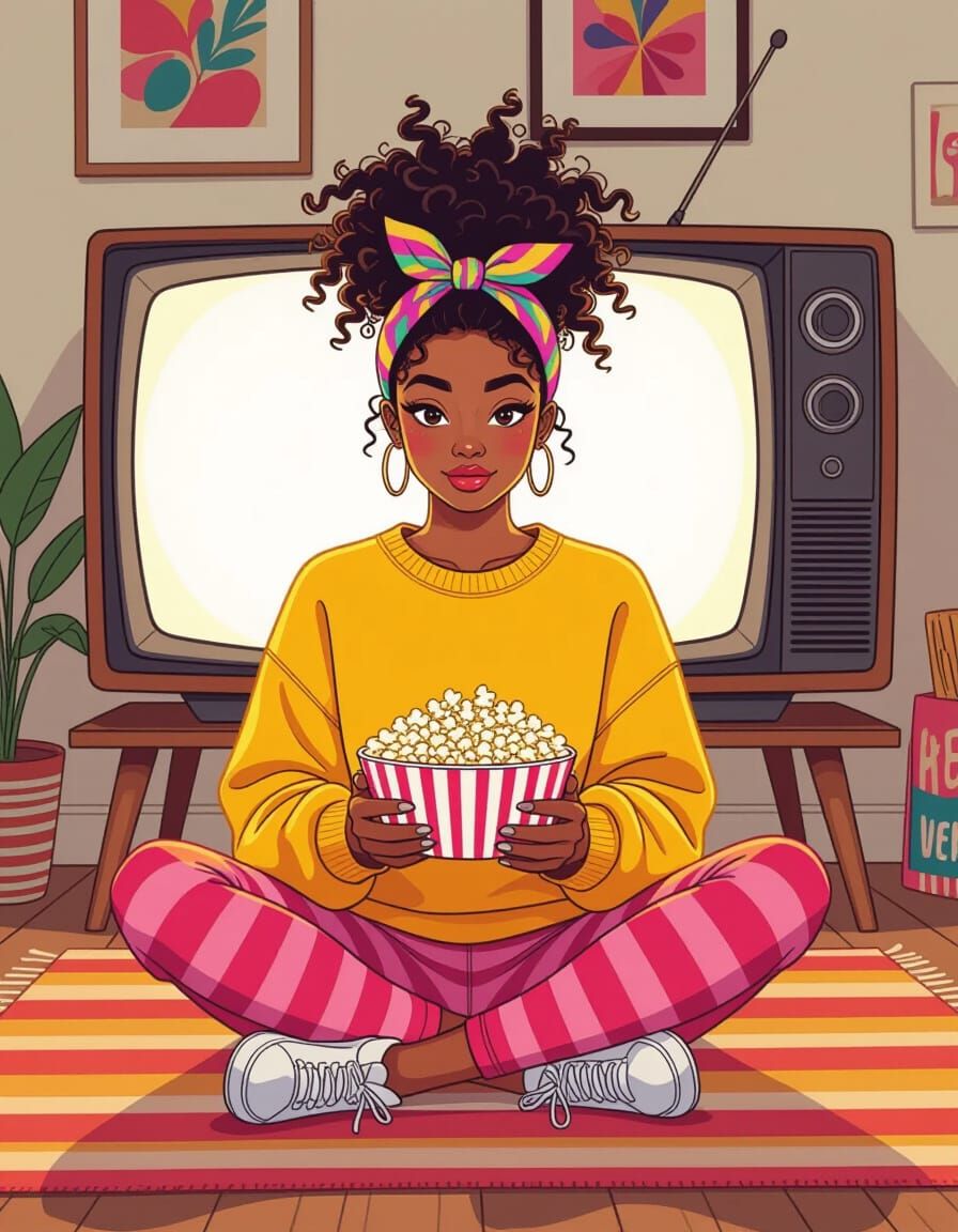 Woman Watching TV in Whimsical Illustration Style