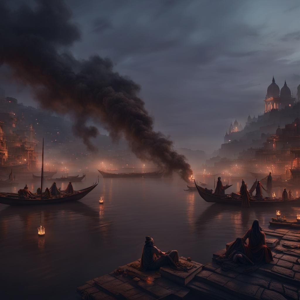 Night View of Varanasi Ghats With Rising Smoke