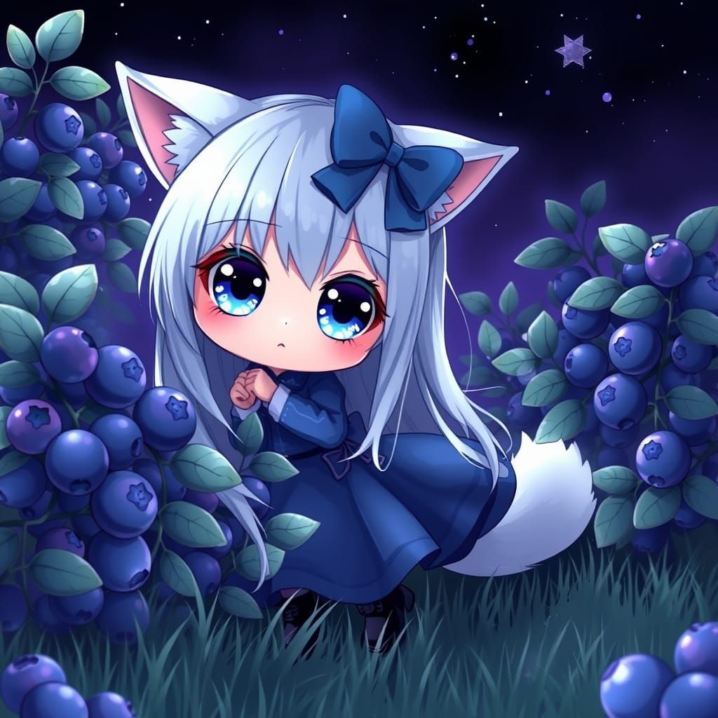 Adorable Blue Catgirl Hides Among Blueberry Bushes