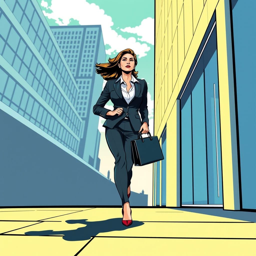 Dynamic Businesswoman Approaching Modern Office in Pop Art S...