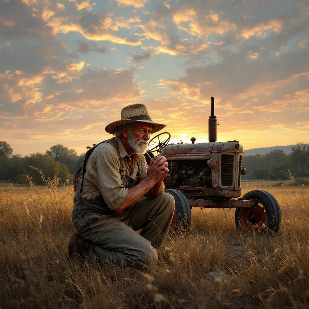Old Farmer Praying at Sunset: Impressionistic Style