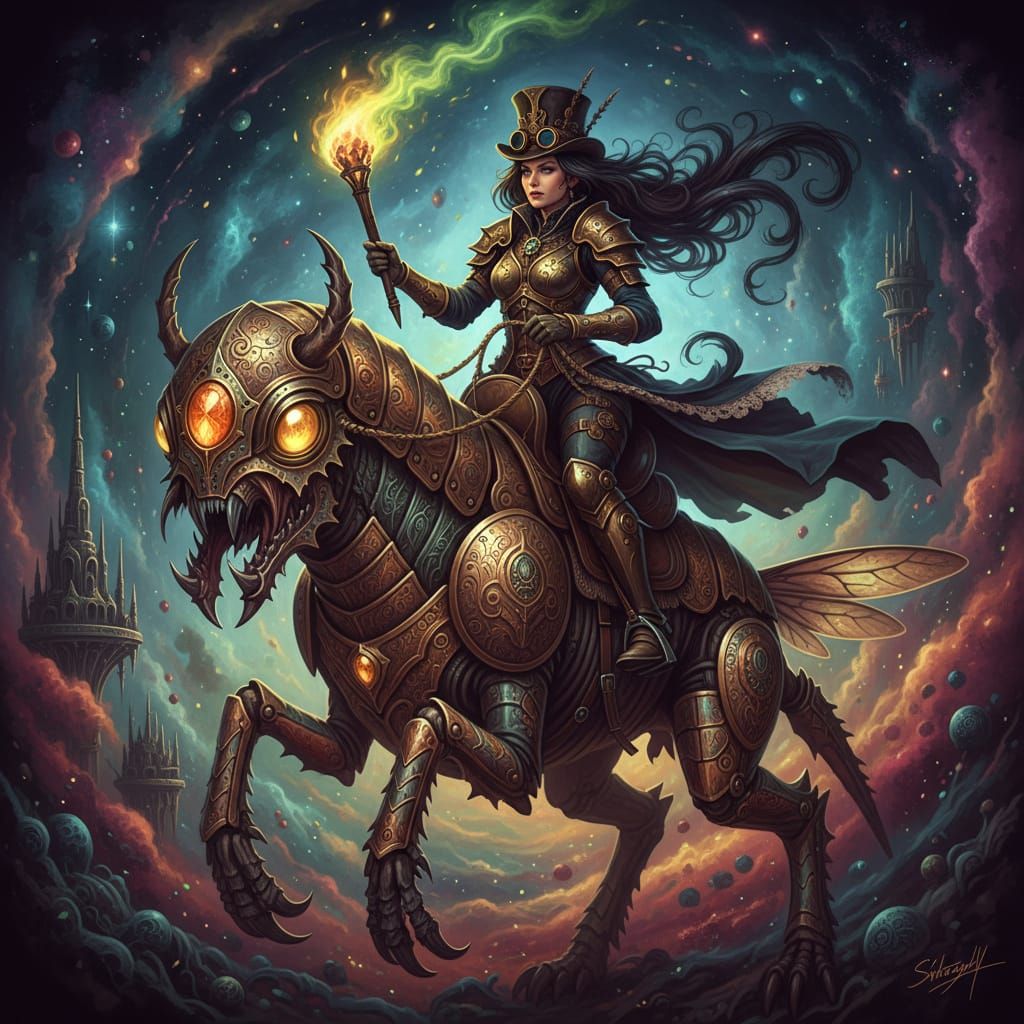 Steampunk Insect Queen Riding Ornate Steed in Surreal Sky