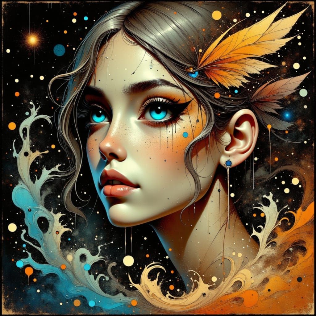 Woman with Blue Eyes, Radiant Amber Background