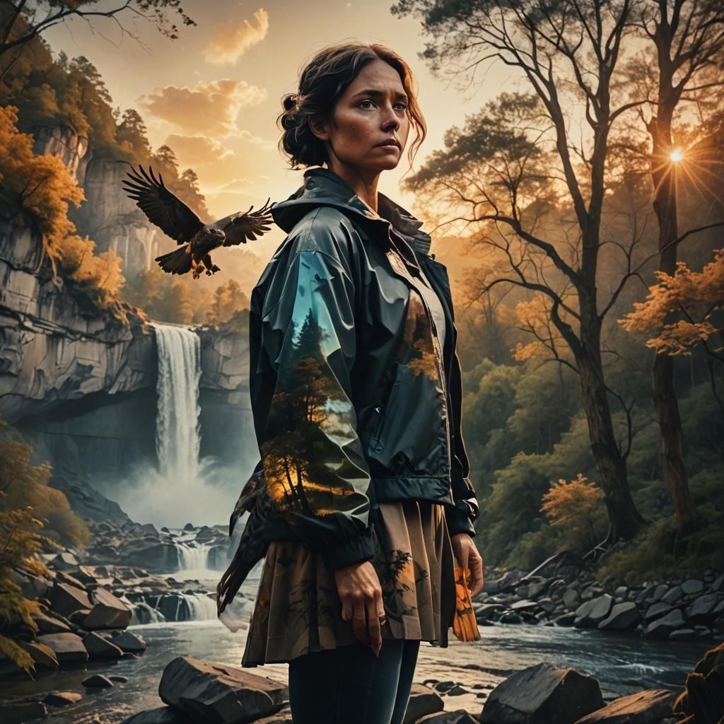 Woman and Hawk in Double Exposure, Cinematic Style