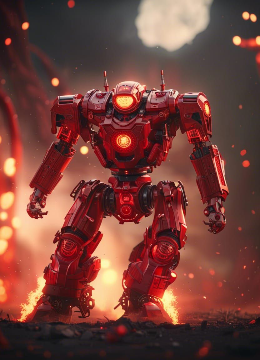 Vintage Red Robot Leaps Through Fire Ring