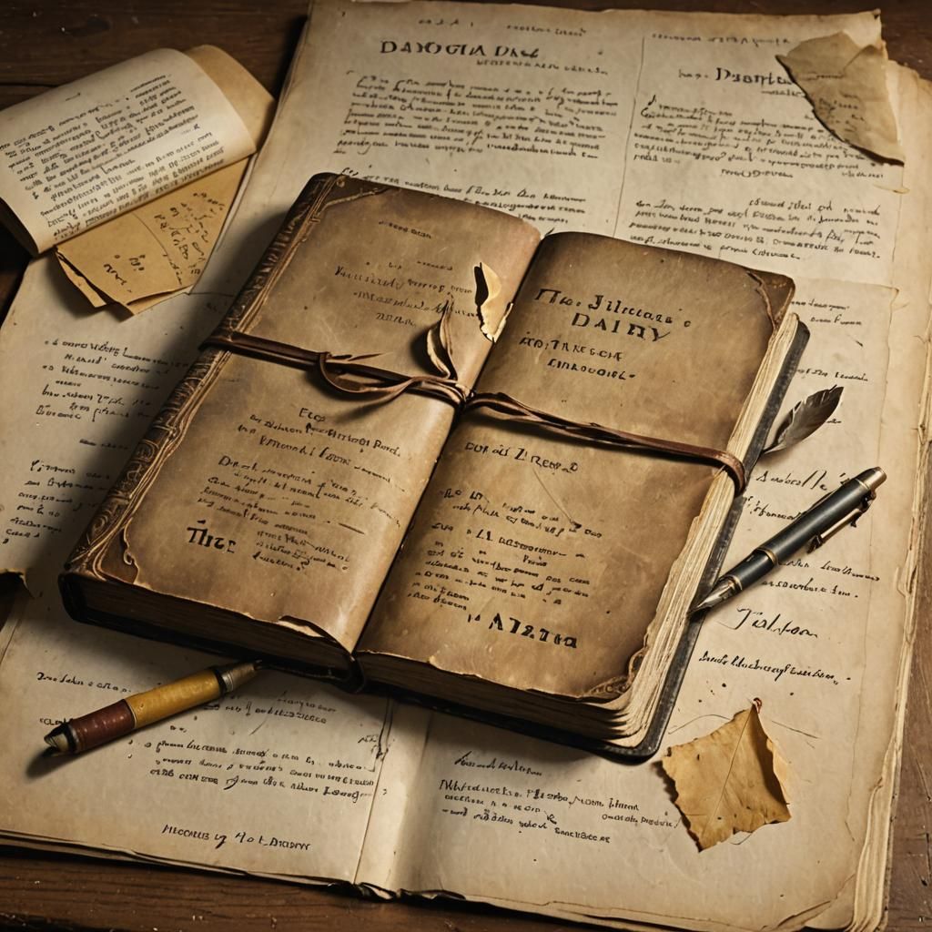 Vintage Diary Illustration: The Diaria on Wooden Desk