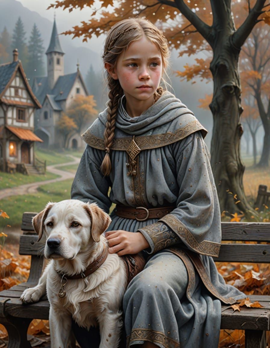 Ethereal Medieval Peasant Child With Dog in Fall Mist