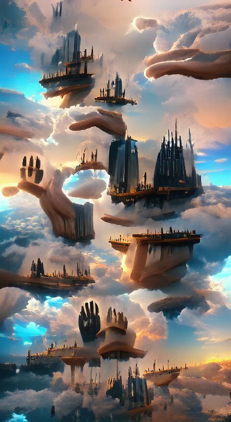 Giant Hands Support Floating Sky Cities