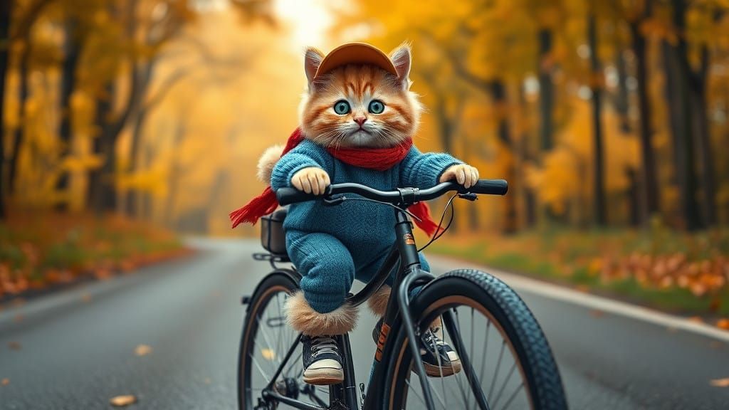 Cute Kitten Riding a Bicycle in a Forest