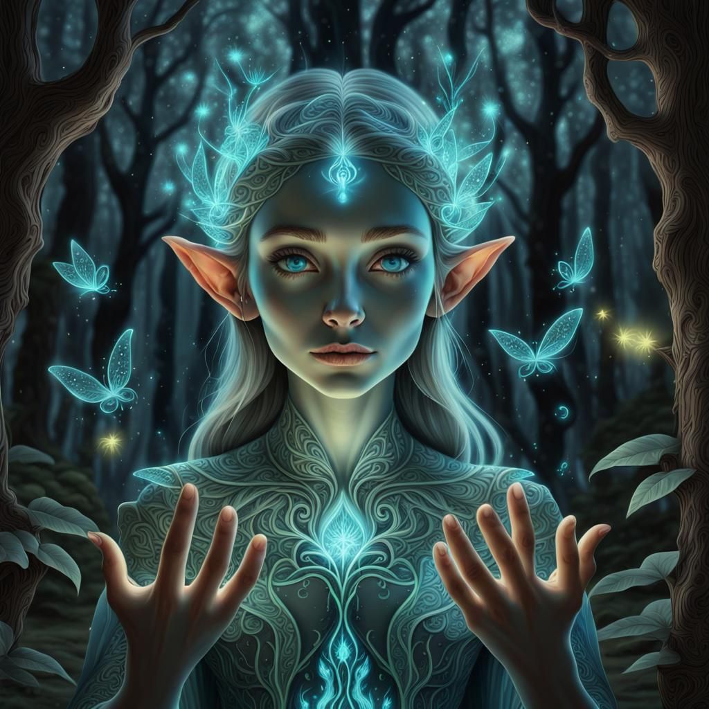 Magical Elf Portrait in Bioluminescent Woodlands