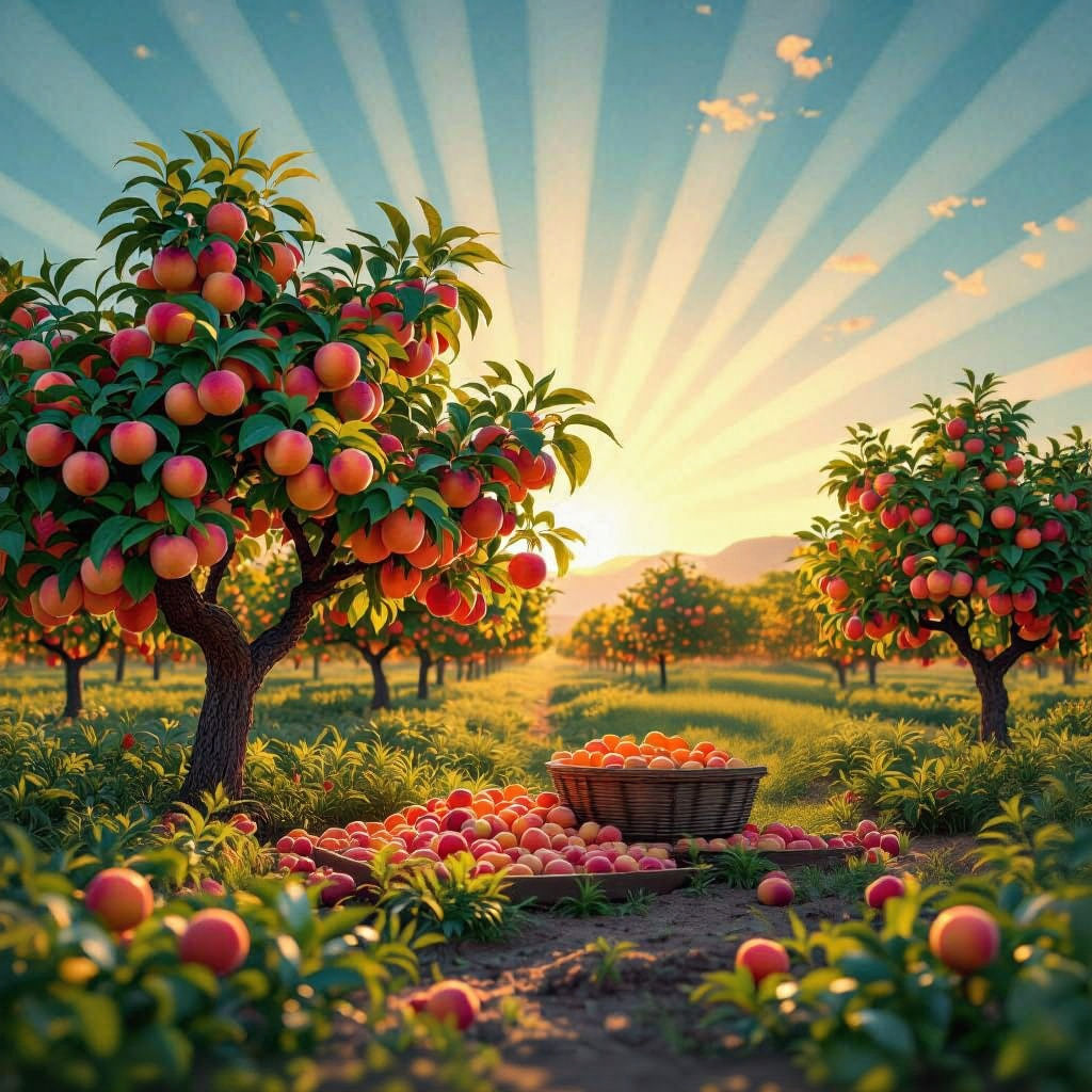 Lush Peach Orchard in 3D Digital Art Style