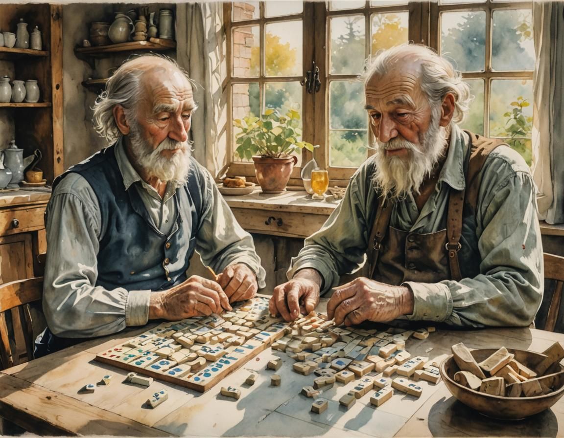 Grandfather and Child Play Dominoes, Watercolor Style