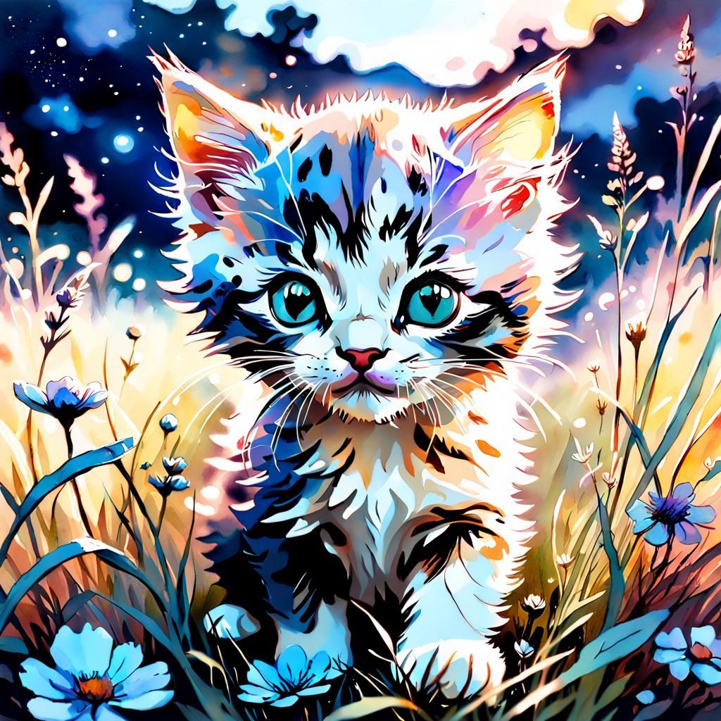 Cute Kitten Playing in Meadow: Digital Watercolor Art
