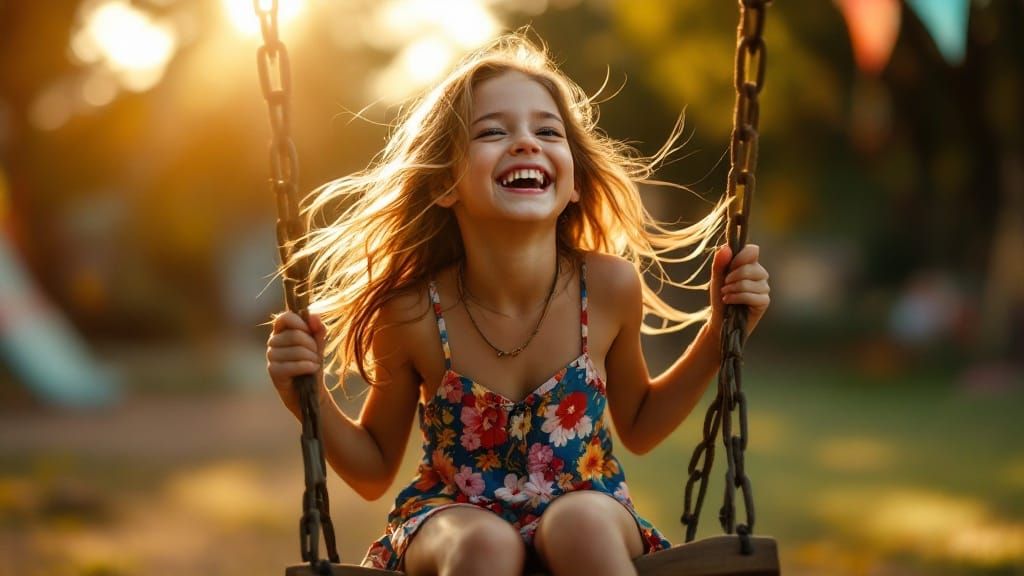 Vibrant Girl Soars on Wooden Swing in Sun-Drenched Playgroun...