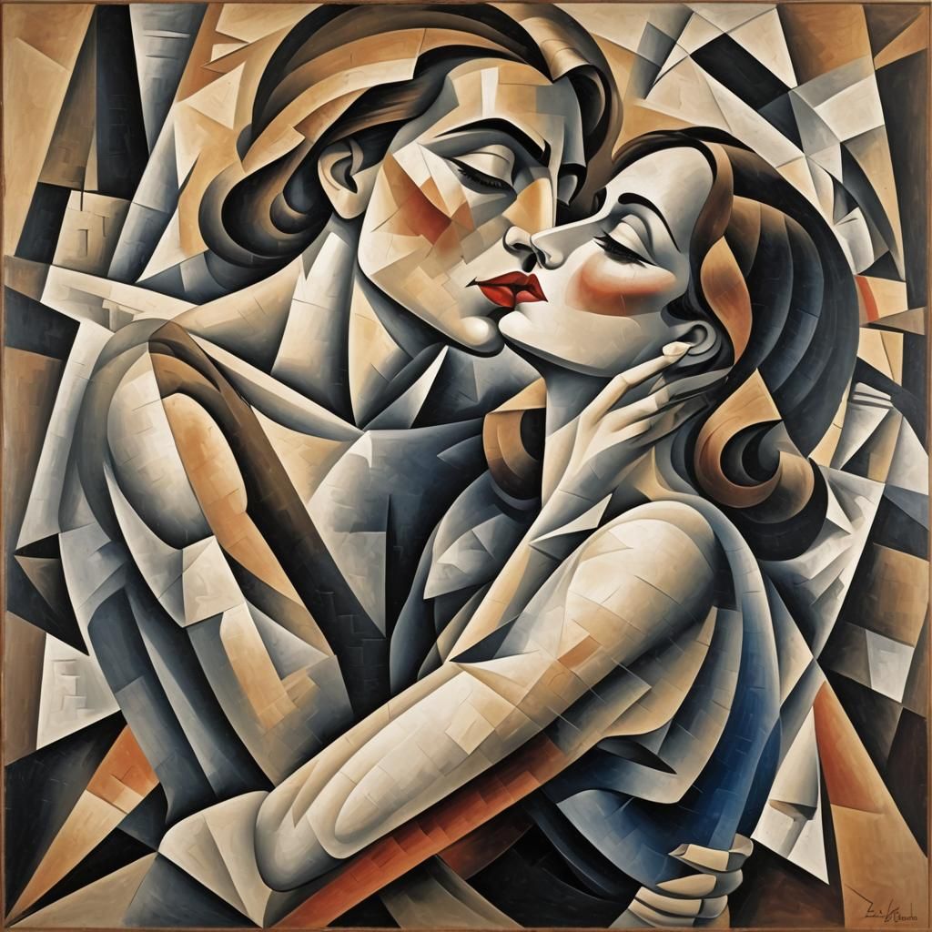 Passionate Kiss: An Abstract Cubist Erotic Scene
