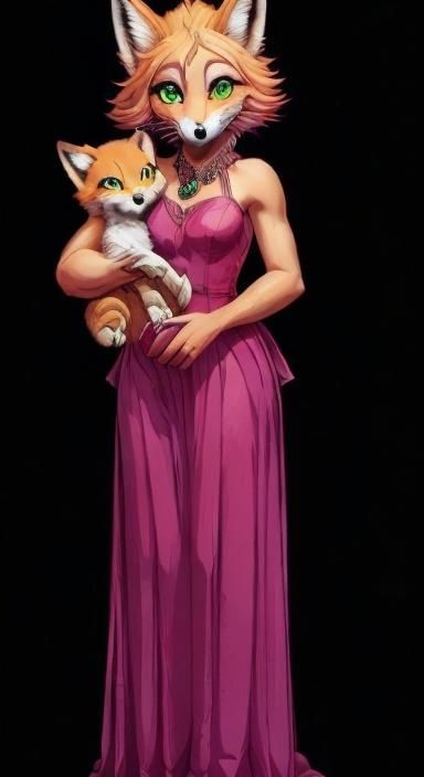 <lora:Furry:1.0> An anthropomorphic fox Diane Foxington with green emerlad eyes in a prom pink gown without a tank and w...