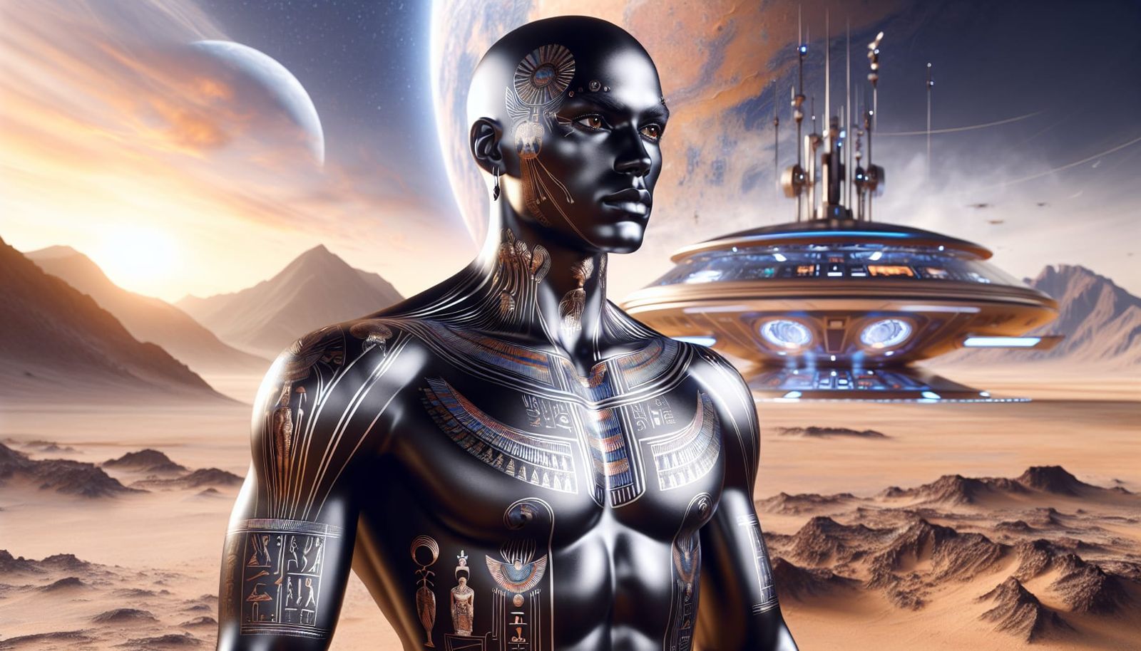 Photorealistic Metallic Man with Egyptian Tattoos