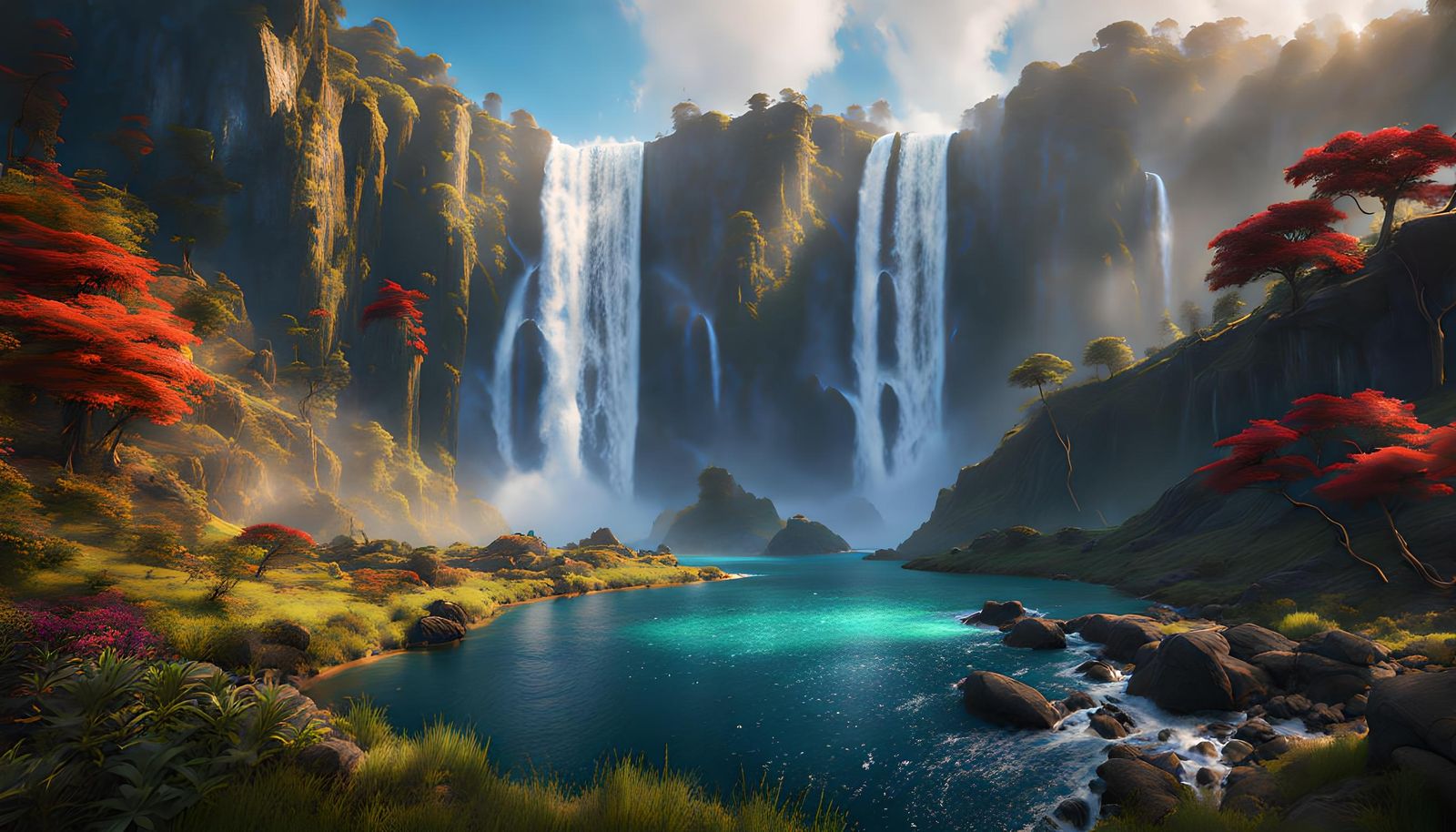 Fantasy Infinity World with Waterfalls and Rainbows in 8K