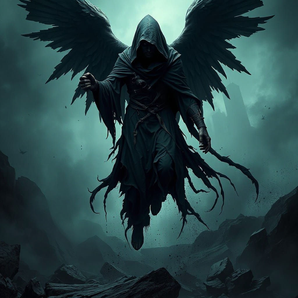 Dark Fallen Angel Levitating with Scythe in Dark Fantasy