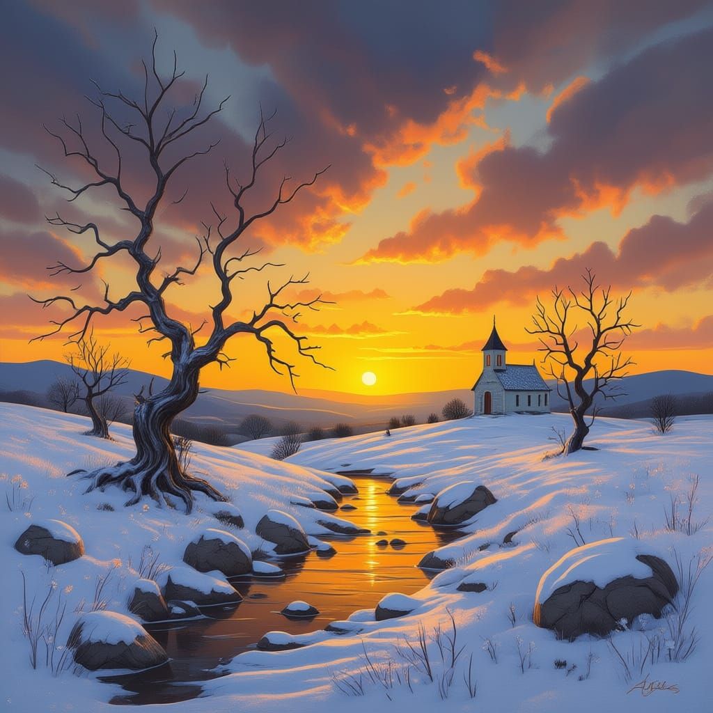 Basque Church Sunset in Winter Storm Oil Painting