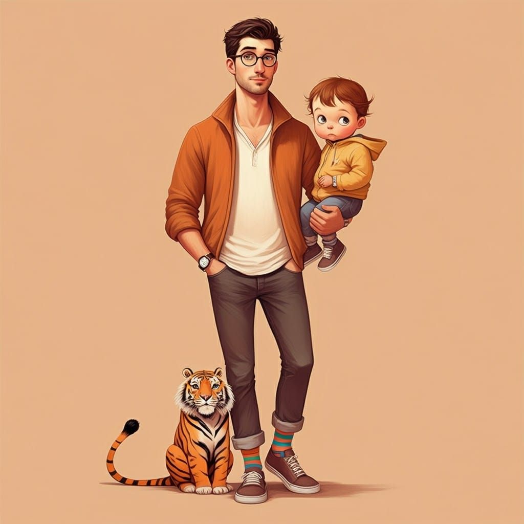 Pastel Zoo Portrait of Three Men with Accessories