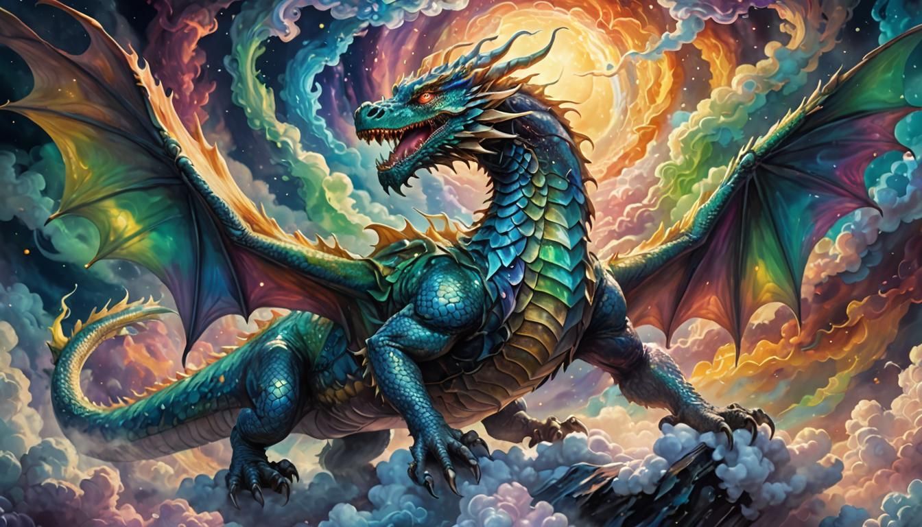 Iridescent Dragon in Aurora Clouds: Mystical Fantasy Art