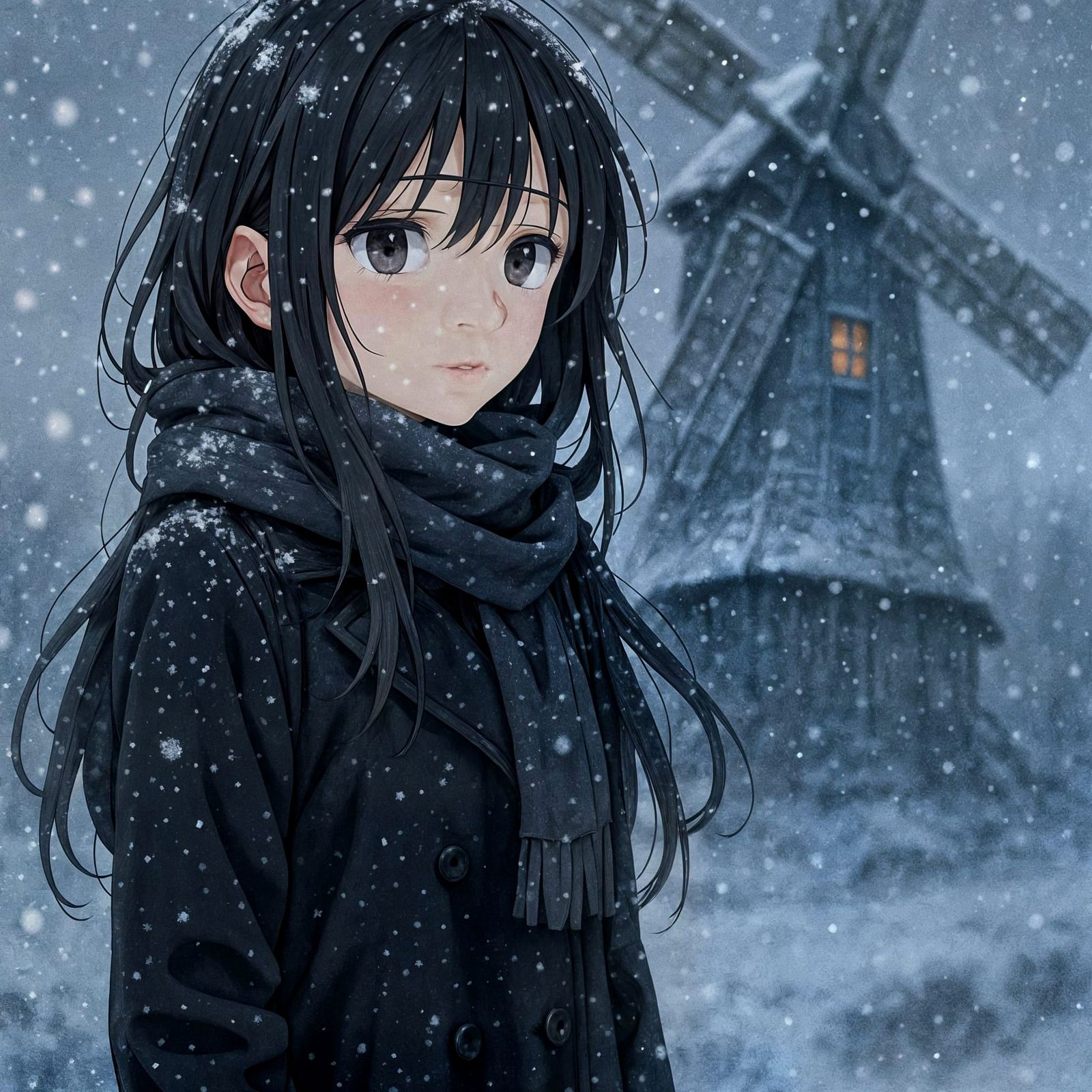 Anime Woman in Snowfall with Windmill