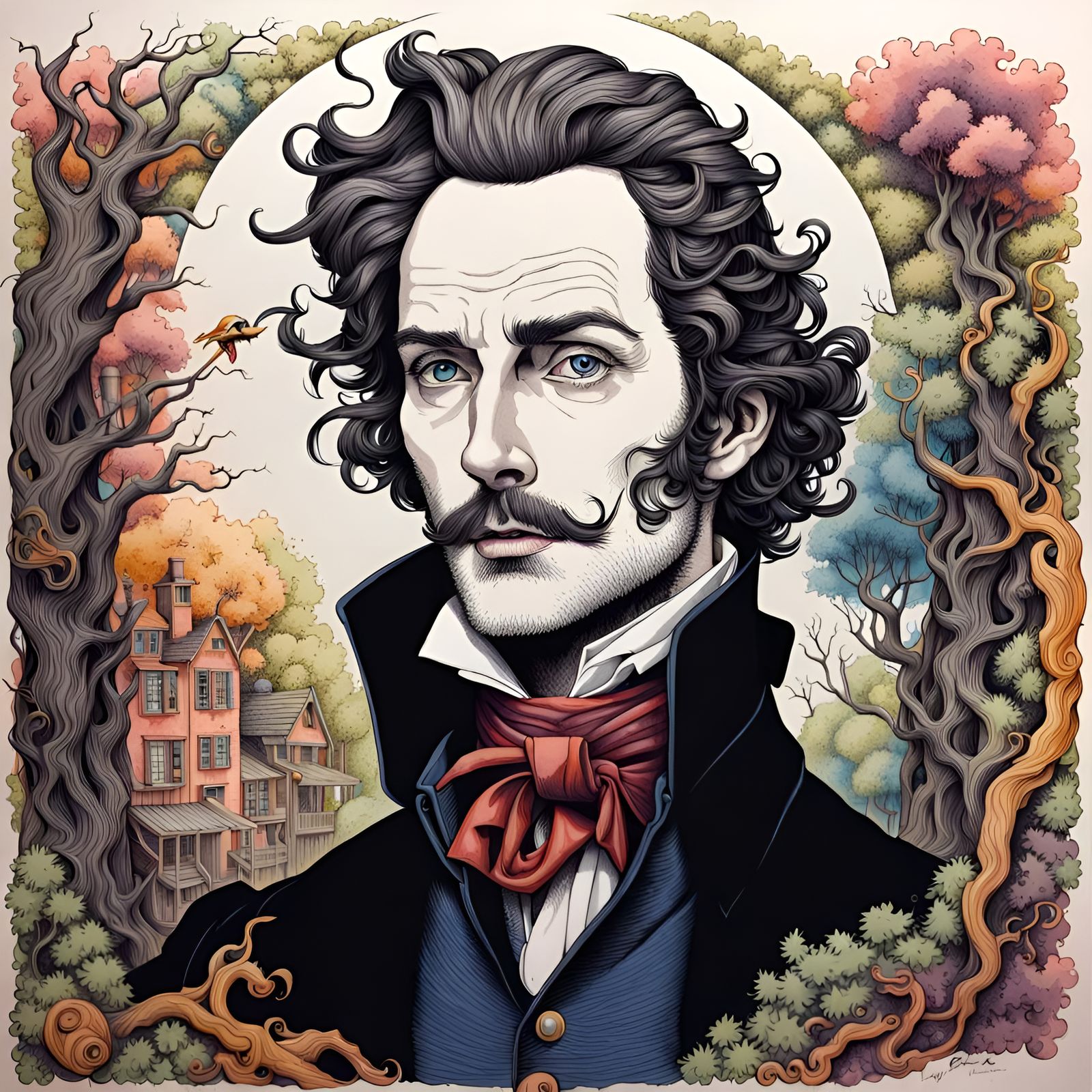 Detailed Ink Drawing of Ichabod Crane