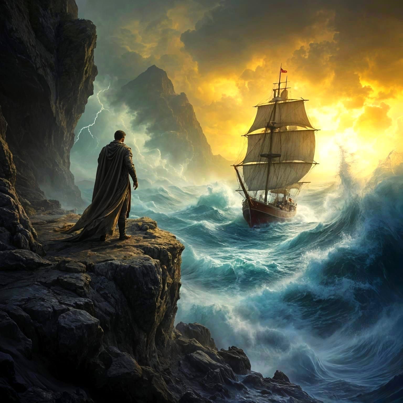 Dramatic Sea God Emerges in Golden Storm