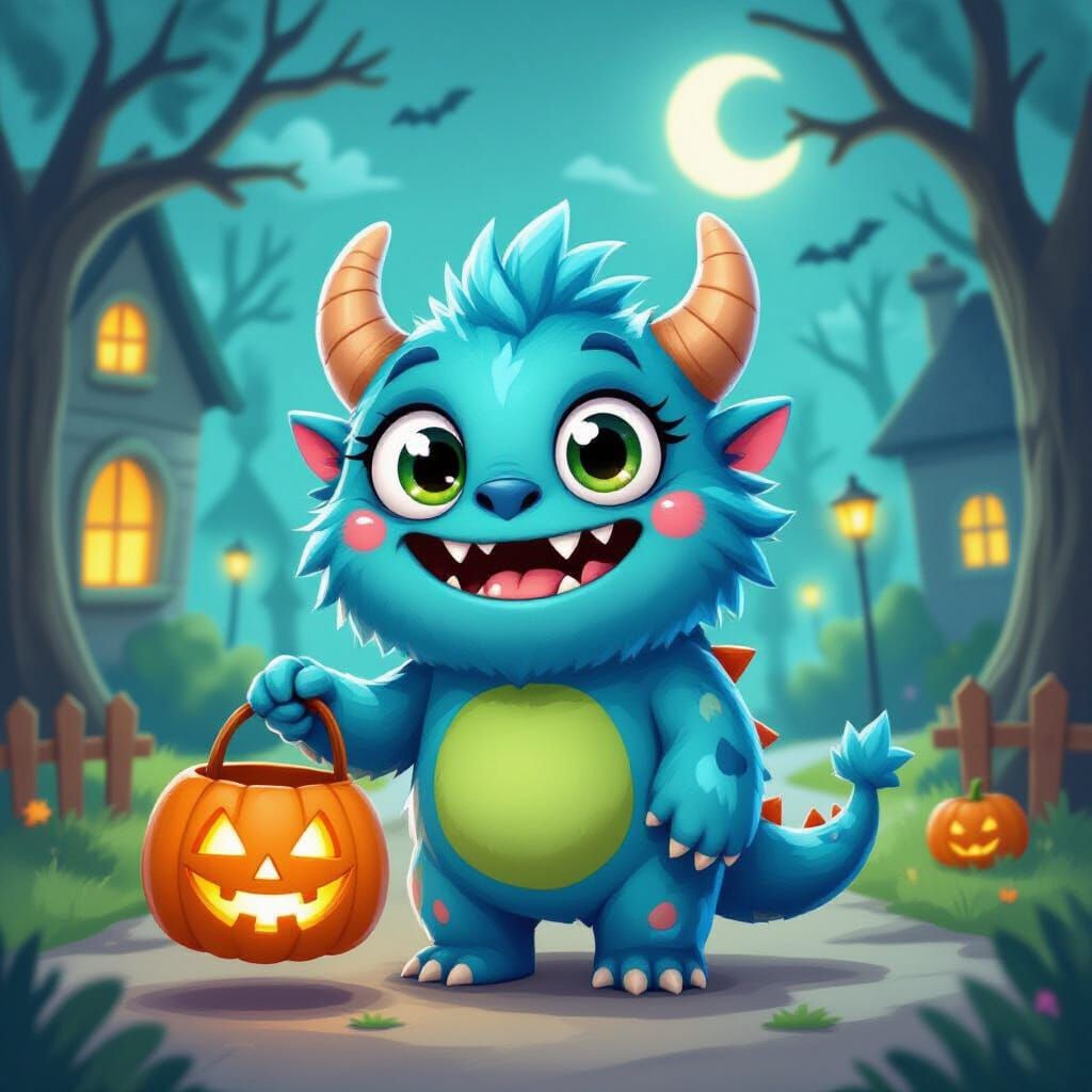 Cute Monster Trick-or-Treating in Cartoon Style