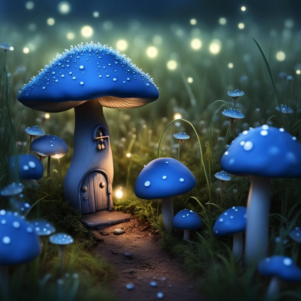 Magical Field of Blue Mushroom Fairy Houses